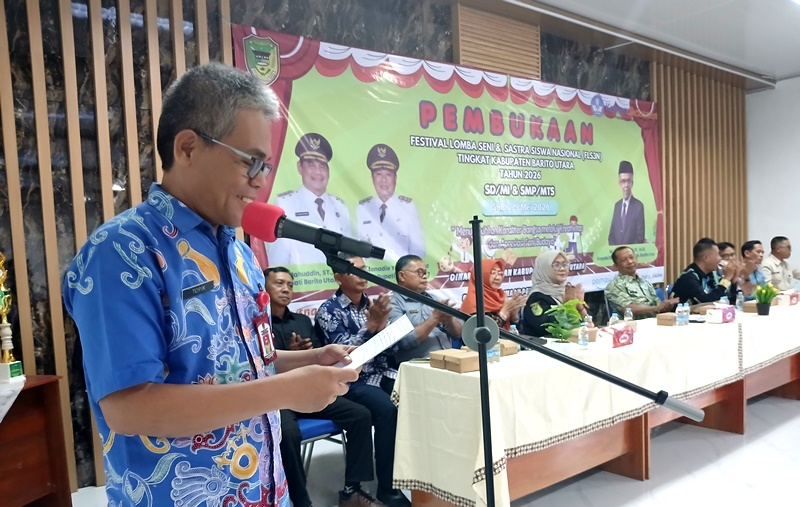Festival Lomba Seni dan Sastra Siswa Nasional (FLS3N) jenjang SD/MI dan SMP/MTs tingkat kabupaten tahun 2026 dibuka secara langsung oleh Kepala Dinas Pendidikan Barito Utara, M Iman Topik, di Aula Dinas Pendidikan lantai II, Sabtu (9/5/2026).